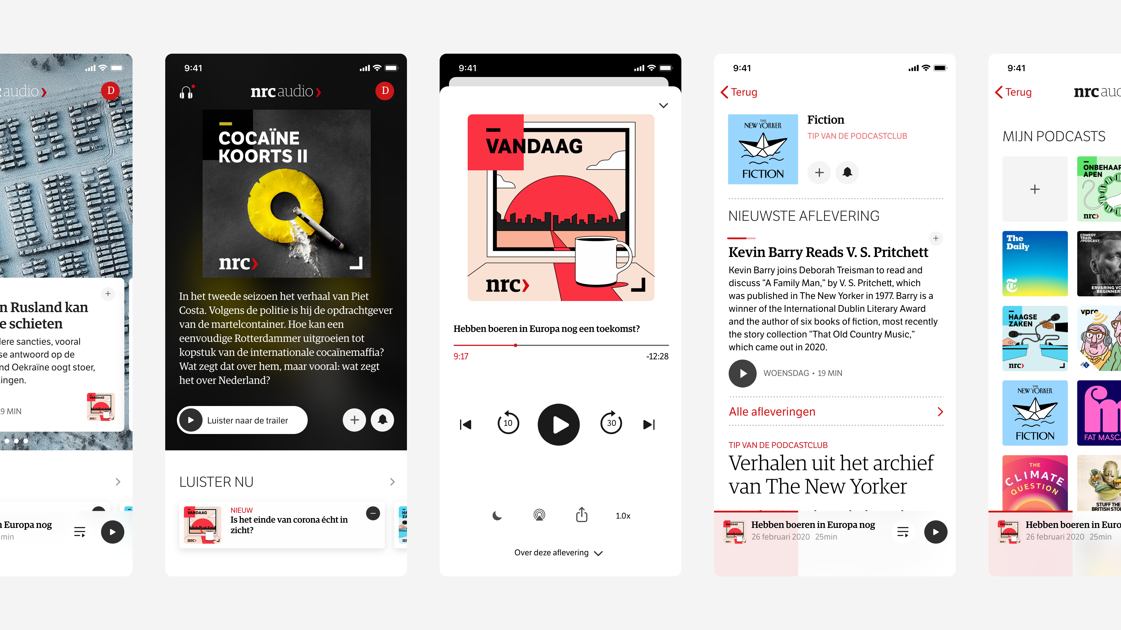 NRC audio app page designs for overviews, audio players and podcast collection